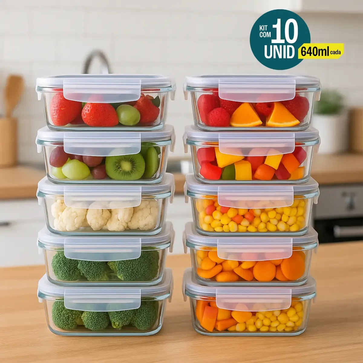 Kit 10 Potes De Vidro Hermético 640ml 4 Travas Livre De Bpa