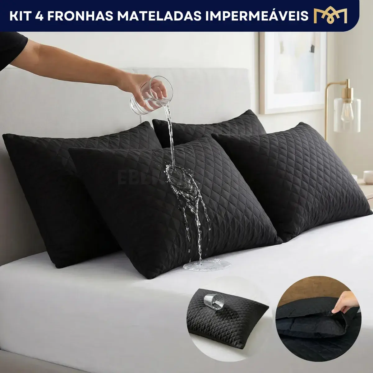 Kit 4 Capas Protetoras Travesseiro Matelado Impermeável Antialérgico Preto