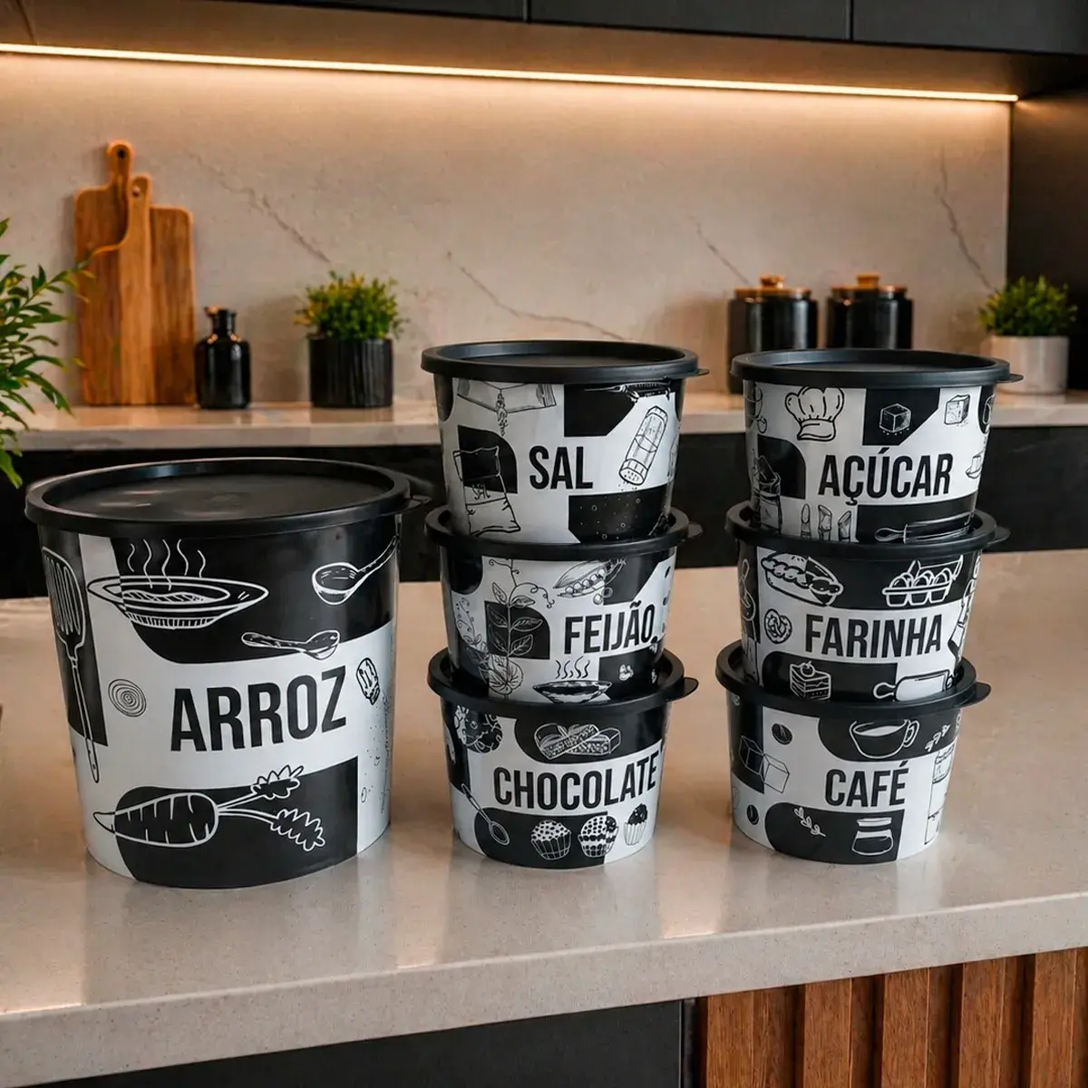 Jogo Porta Mantimento 7 Peças Com Tampa ( Pote Arroz 4,5kg)