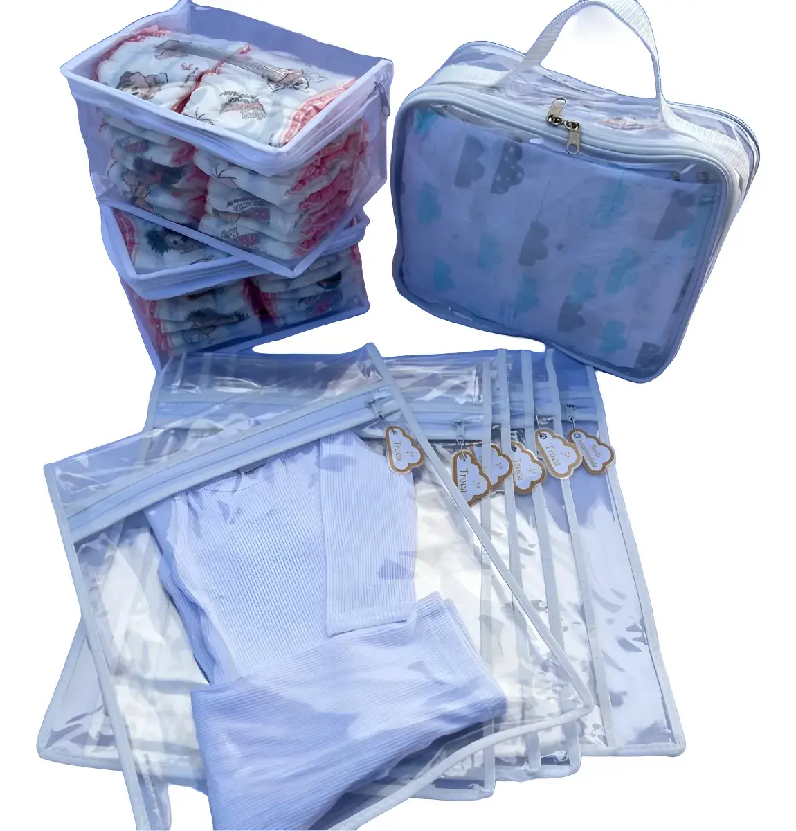 6 Saquinhos Mala Maternidade Organizador Tag + 3 Necessaires