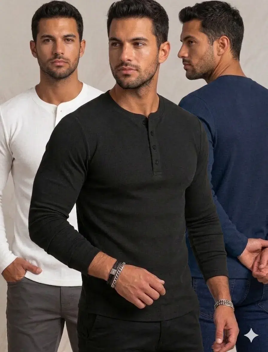 Kit 3 Camiseta Henley Canelada Jsilver Slim Fit Manga Longa