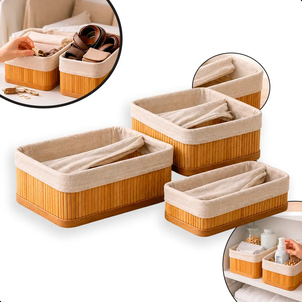Kit 3 Cestos Organizadores Bambu Multiuso Com Forro Lavável