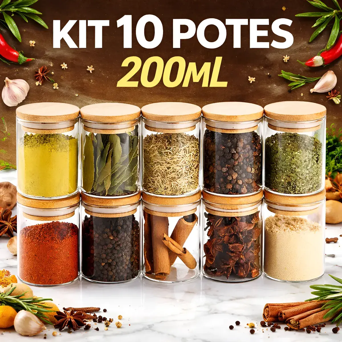 Jogo 10 Potes 200ml Herméticos Vidro Tampa De Bambu Temperos