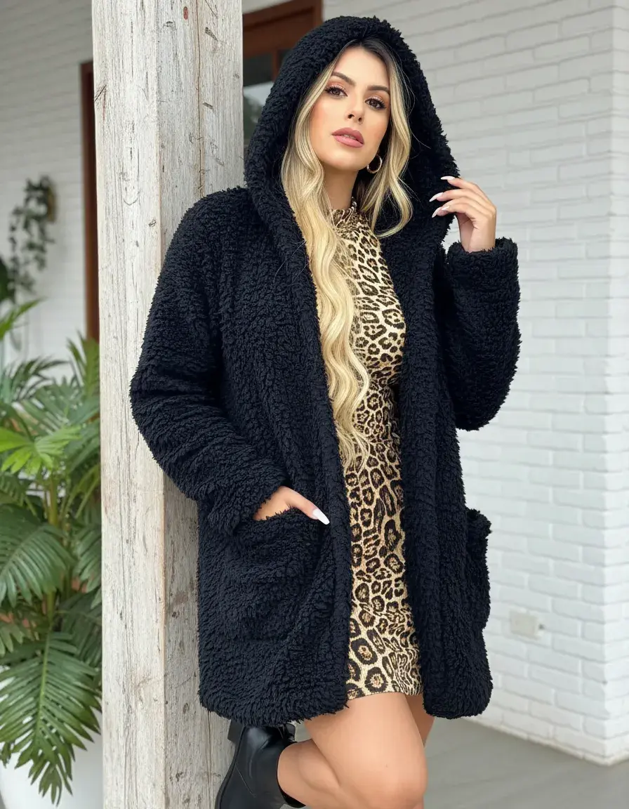 Casaco Sobretudo Teddy Com Bolso Capuz Forrado Pelo Inverno