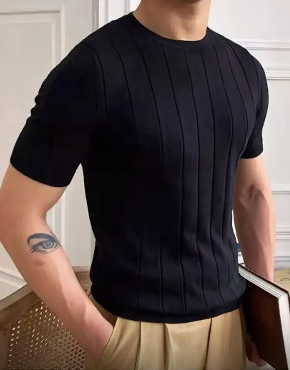 Blusa Masculina Básica Manga Curta Canelada Tricot Modal