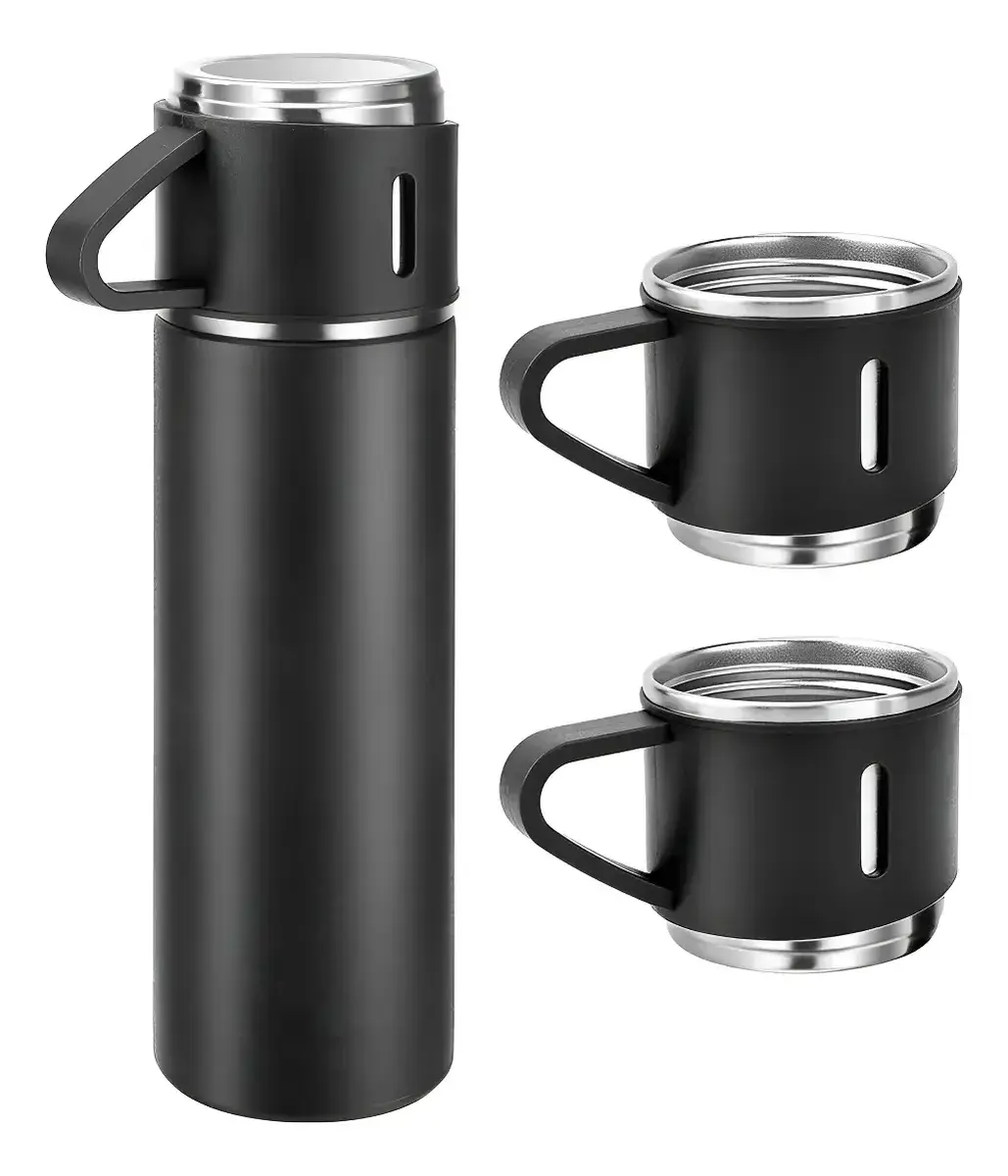 Caneca Kit Garrafa Térmica Vacuum Bottle Inox 500ml + 3 Xíca