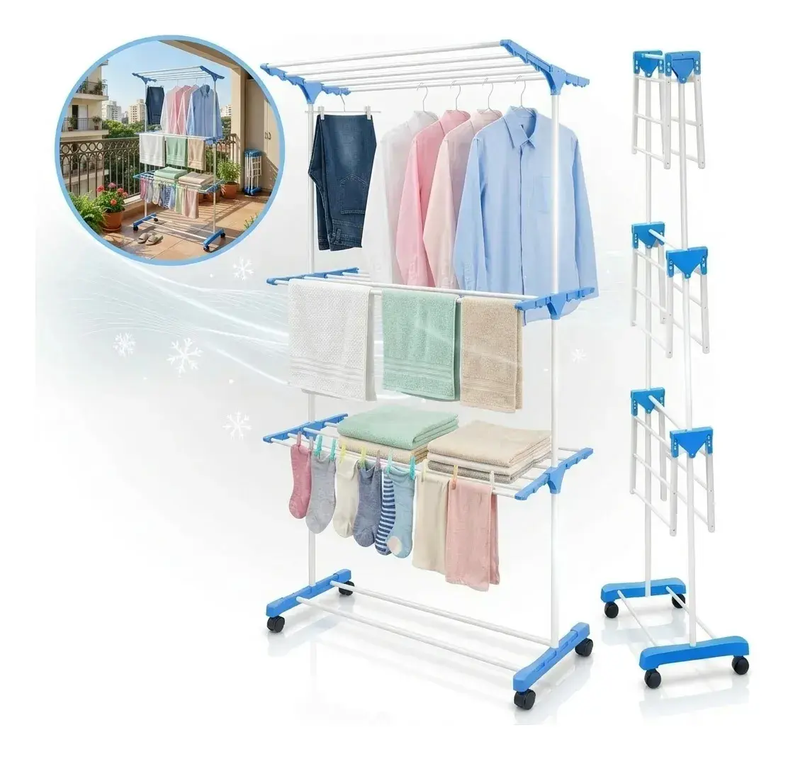 Varal De Chão Vertical Dobrável 3 Andares Com Rodas Aço Reforçado Capacidade 40Kg Torre Para Secar Roupas Compacto Portátil Multifuncional Para Casa Apartamento Lavanderia - Shokki