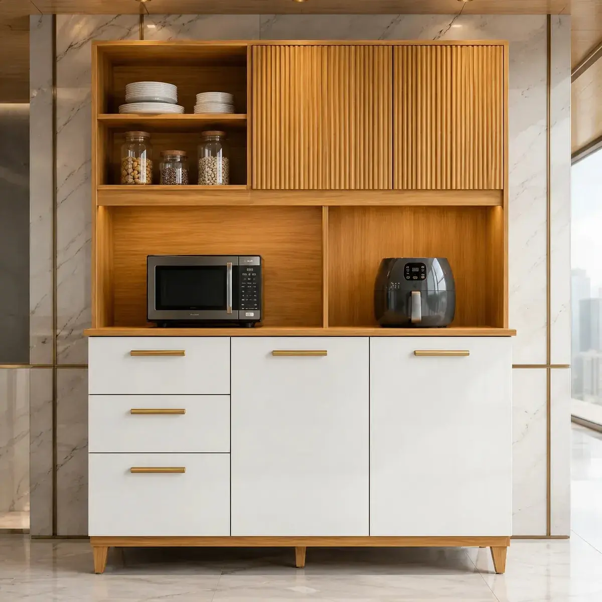 Kit Armário Compacto Kit Cozinha Poliman Com 5 Portas 2 Gavetas Sicília Médio Mdp Pintura Uv Branco Organizador Design Moderno Cor Freijó Off Ripado Frisado