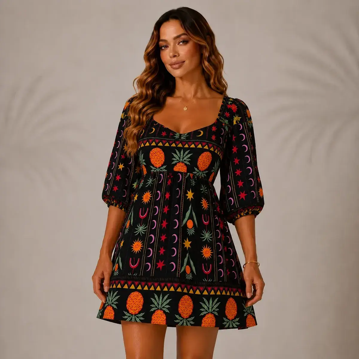 Vestido Curto Casual Soltinho Estampado Decote Manga Elegant