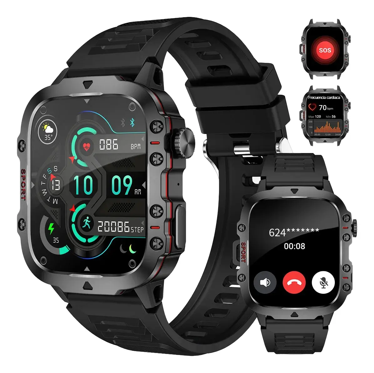 Smartwatch FoxBox Tático BW0667A Preto para Homens, com Chamadas Bluetooth e Tela de 1.96"