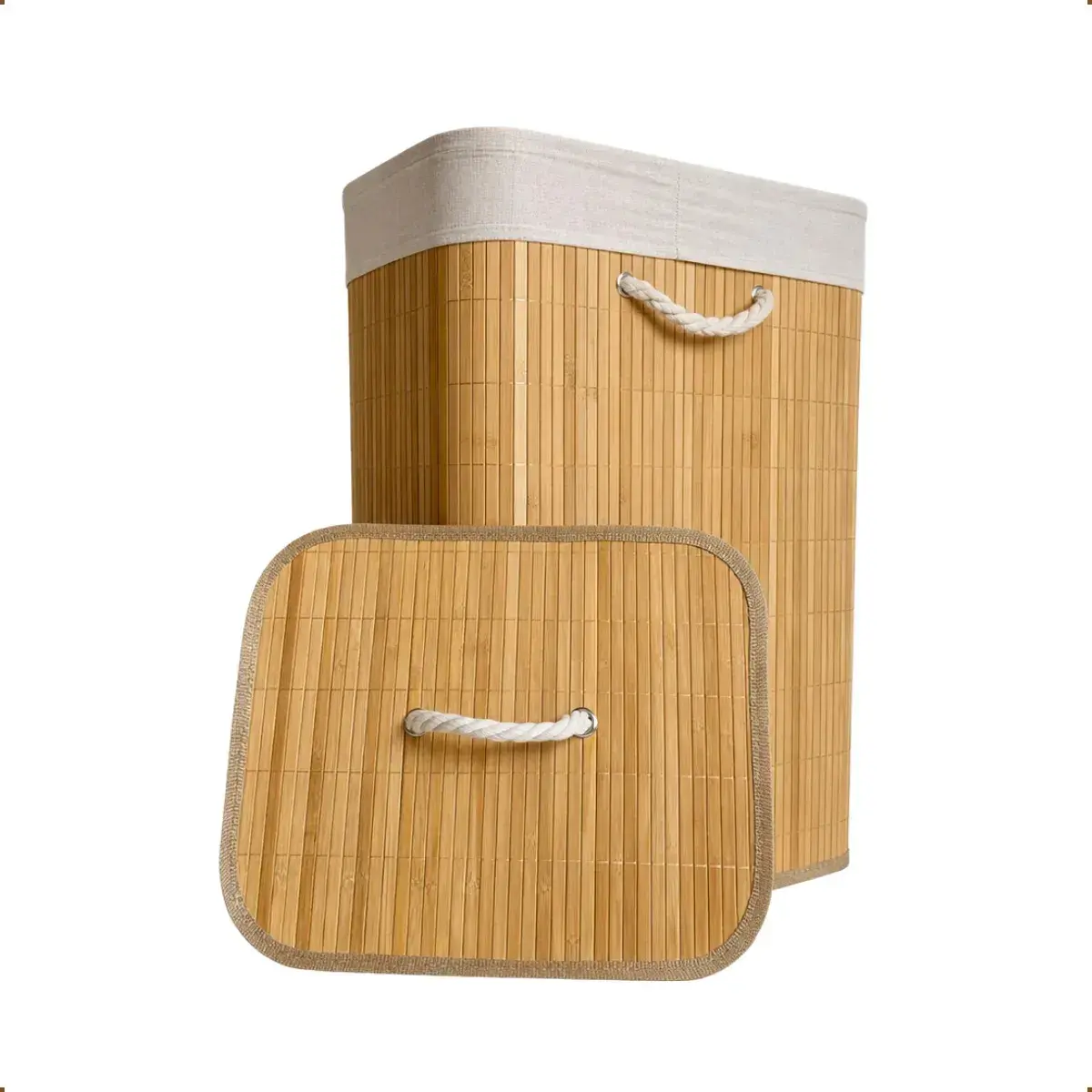 Cesto de Roupa Bambu Retangular de 72L com Tampa e Forro de Linho