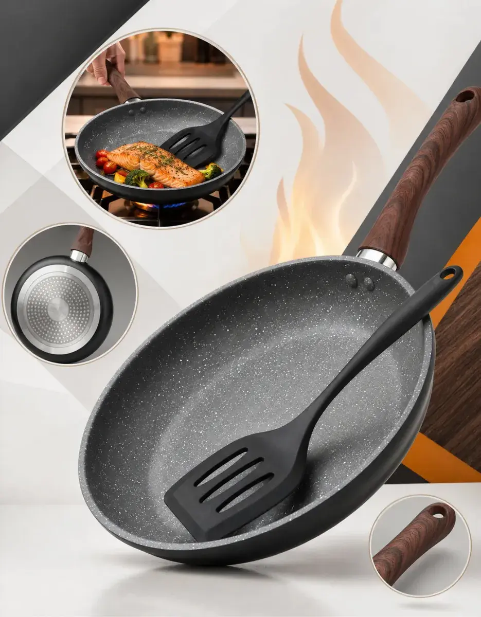 Frigideira de Granito 24cm Antiaderente com Espátula, Cabo de Madeira, Compatível com Indução, Cooktop, Gás e Elétrico, Revestimento Tipo Pedra, Cozinhe com Menos Óleo - Nhame