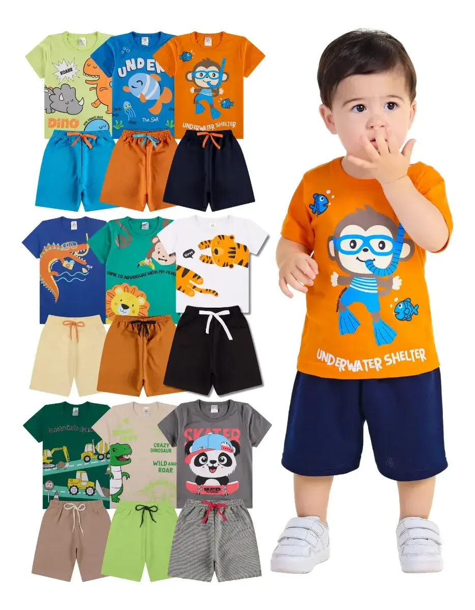 Kit 6 Peças De Roupas De Bebê Menino Algodão Verão Fofos