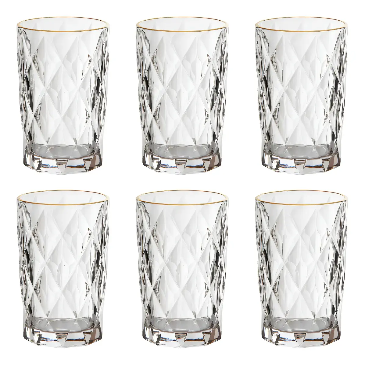 Jogo 6 Copos Altos Vidro 350ml Diamond Clear Borda Dourada Ke Home