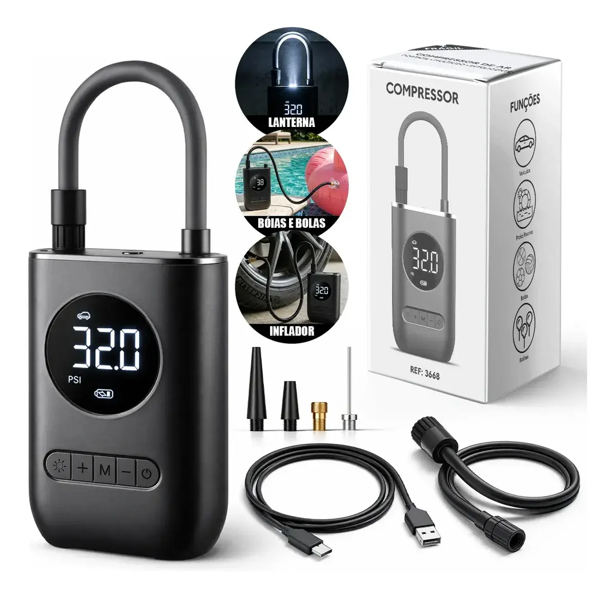 Compressor De Ar Digital Mini Portátil Recarregável Usb-c Para Pneus De Bicicleta Moto Carro Bolas Infláveis Preto