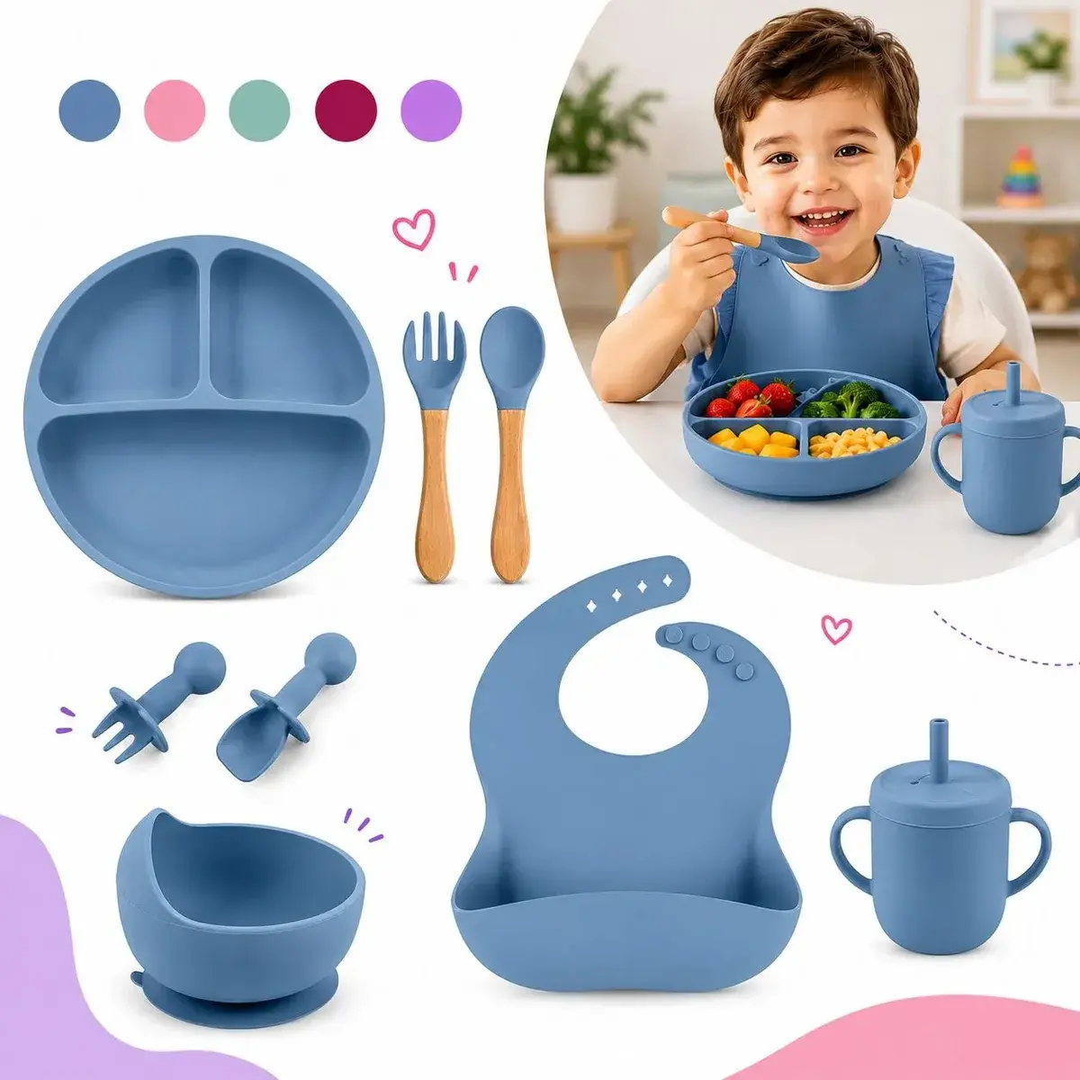 Kit Alimentaçao Bebe Silicone Ventosa Introdução Alimentar