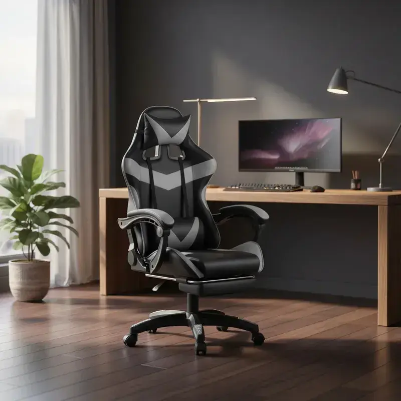 Cadeira De Escritório Gamer Nitro Ergonômica Estofado Couro Sintético Reclinável Altura Ajustável Apoio Para Pés Cor Cinza