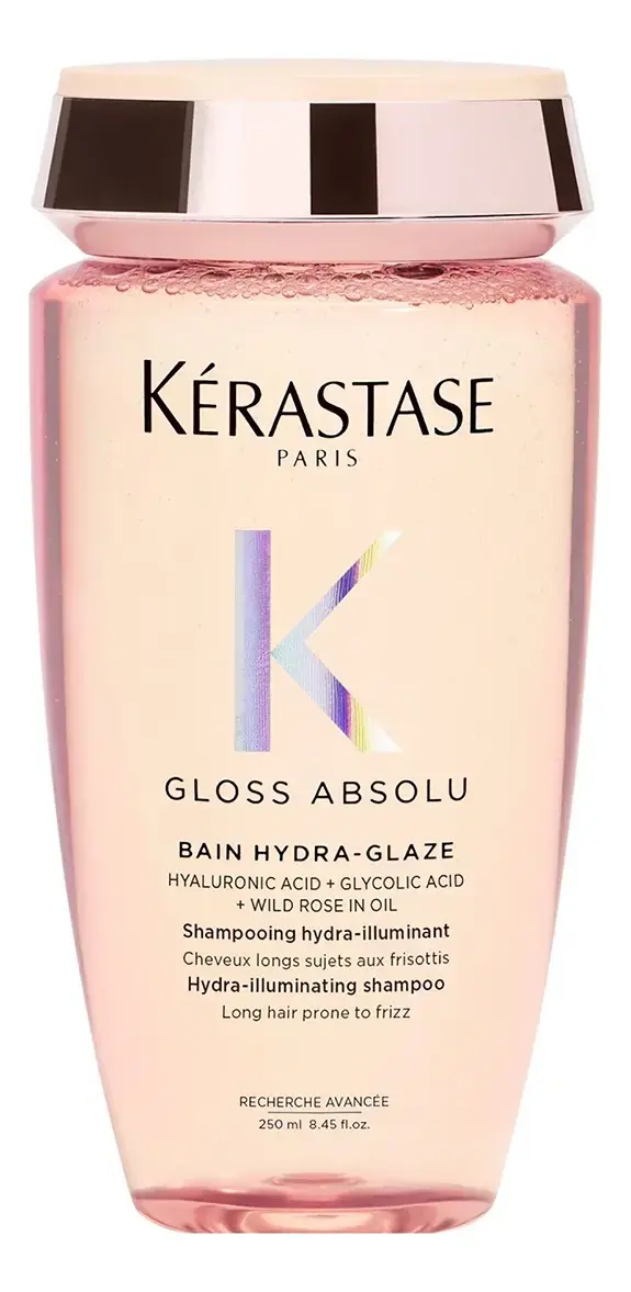 Kérastase, Bain Shampoo, Gloss Absolu, Hydra Glaze, Ação Anti-frizz com Ácido Hialurônico, Ácido Glicólico e Óleo De Rosa Silvestre, Potencializa o Brilho 250ml