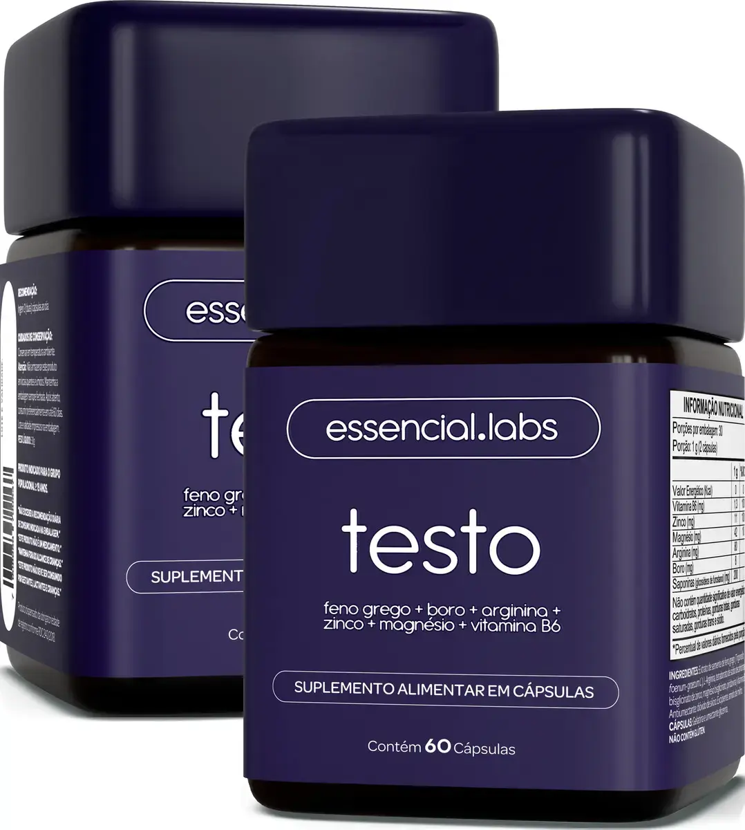 02 POTES do TESTO ESSENCIAL com Feno Grego + Boro + Arginina + Zinco + Magnésio + Vitamina B6 - Precursor Testo - 120 Cápsulas
