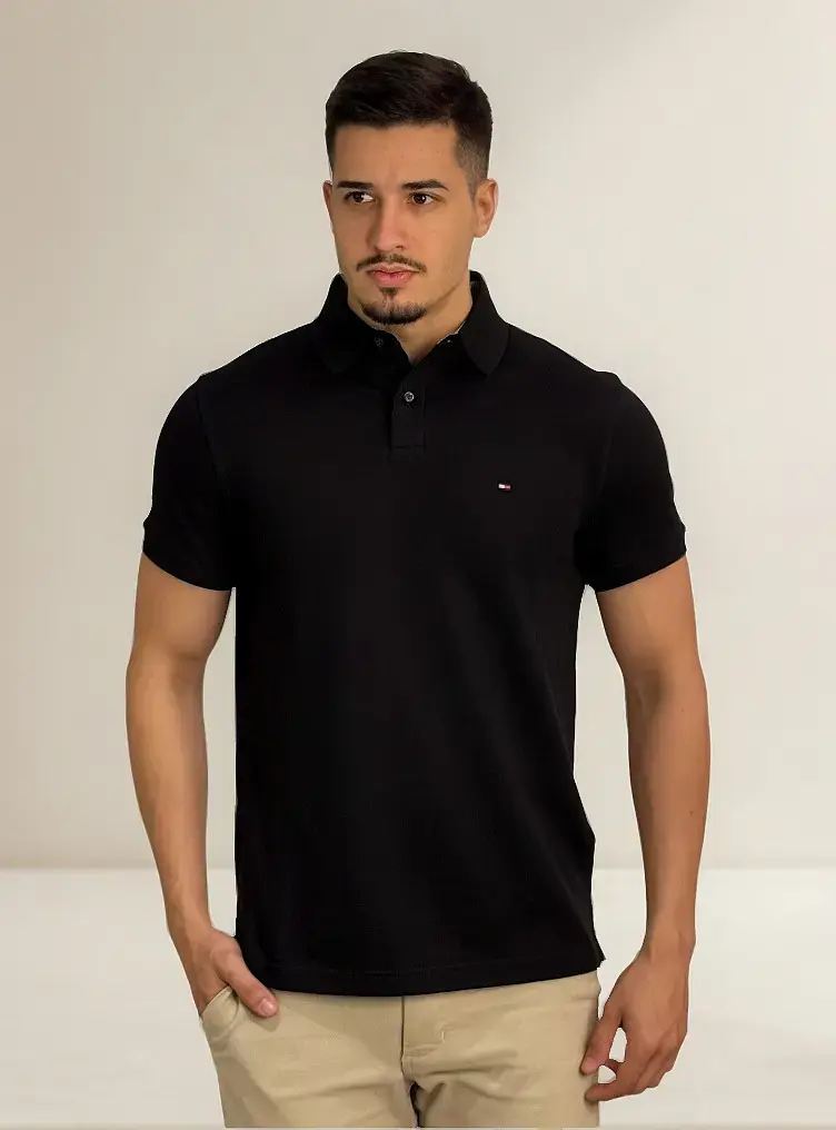 Polo Tommy Hilfiger Basica Fit Regular Preto Masculina 1985