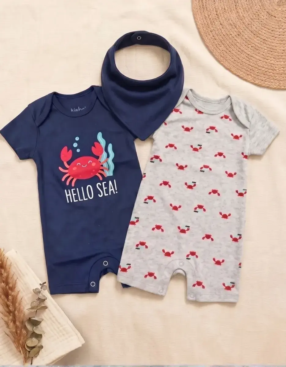 Kit 2 Romper Macacão Bebê Menino E Babador