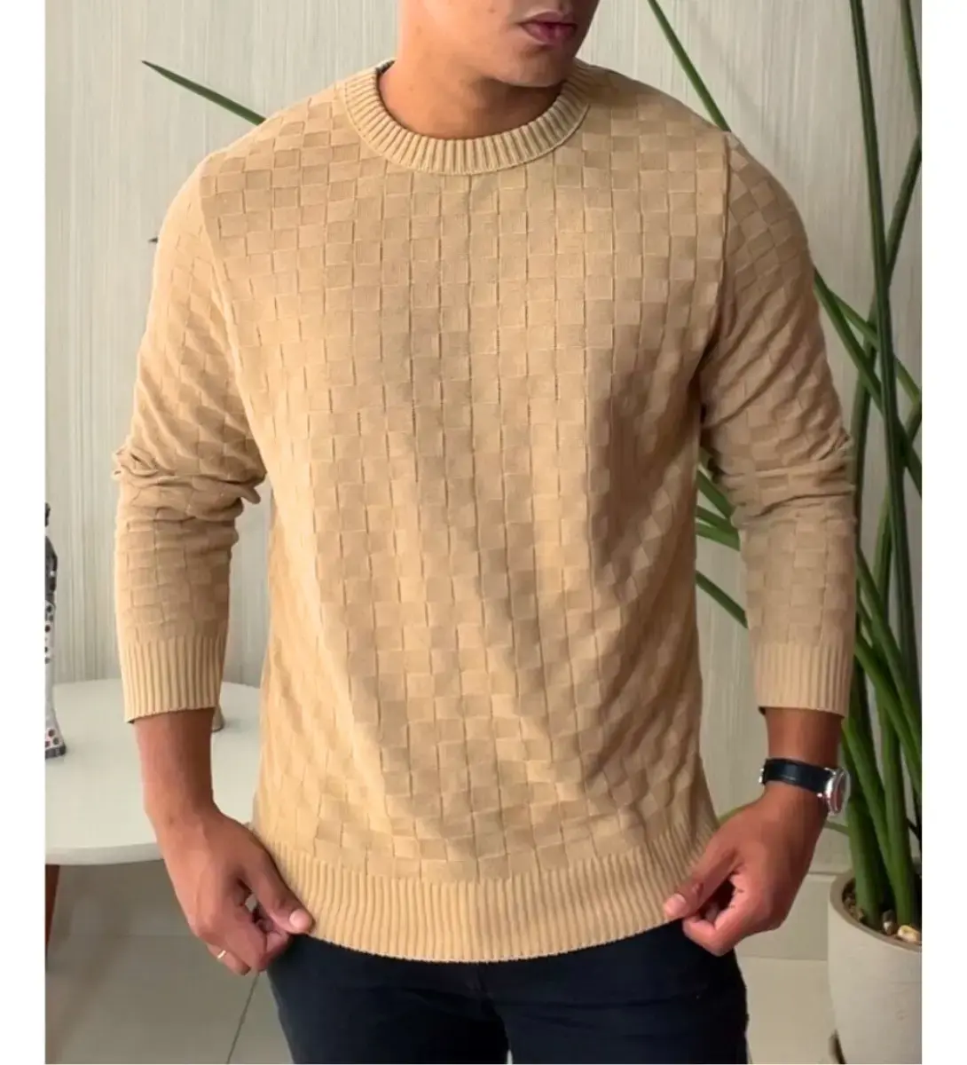 Suéter Masculino Lã Tricot Manga Longa Xadrez Blusa De Frio