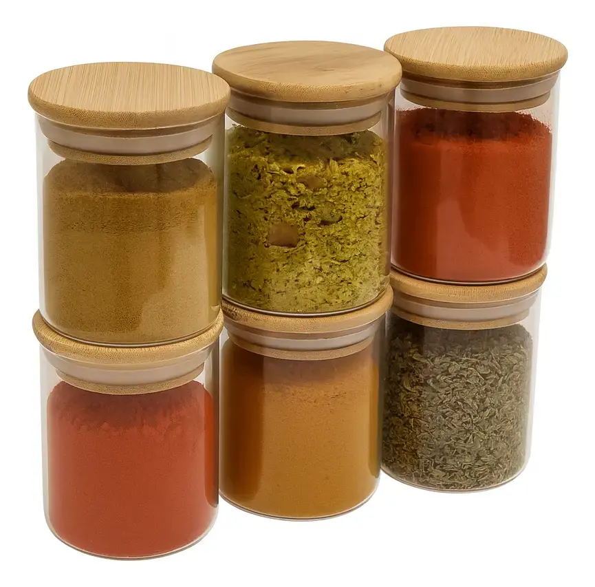 Kit 6 Potes Vidro 200ml Porta Tempero Hermético Tampa Bambu