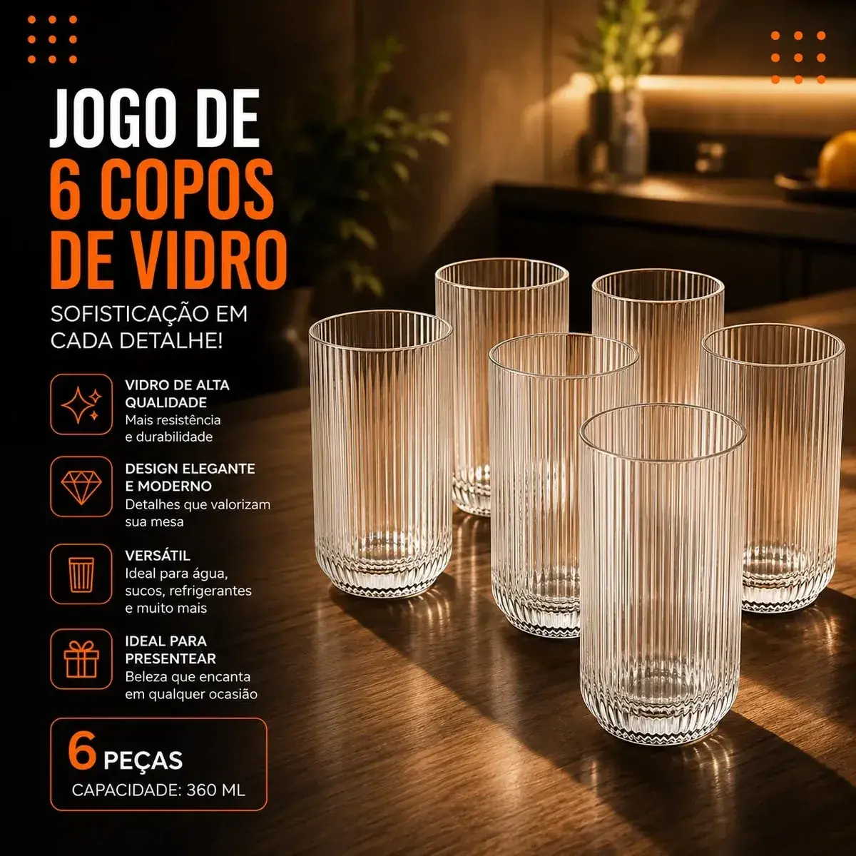 Jogo 6 Copos Vidro Canelado 423ml Moderno Elegante Premium Vinho Água Suco Drinks Gin Whisky Jogo Copos Taça Copo Conjunto Design Luxo Texturizado Cozinha Restaurante Decoração Hold On