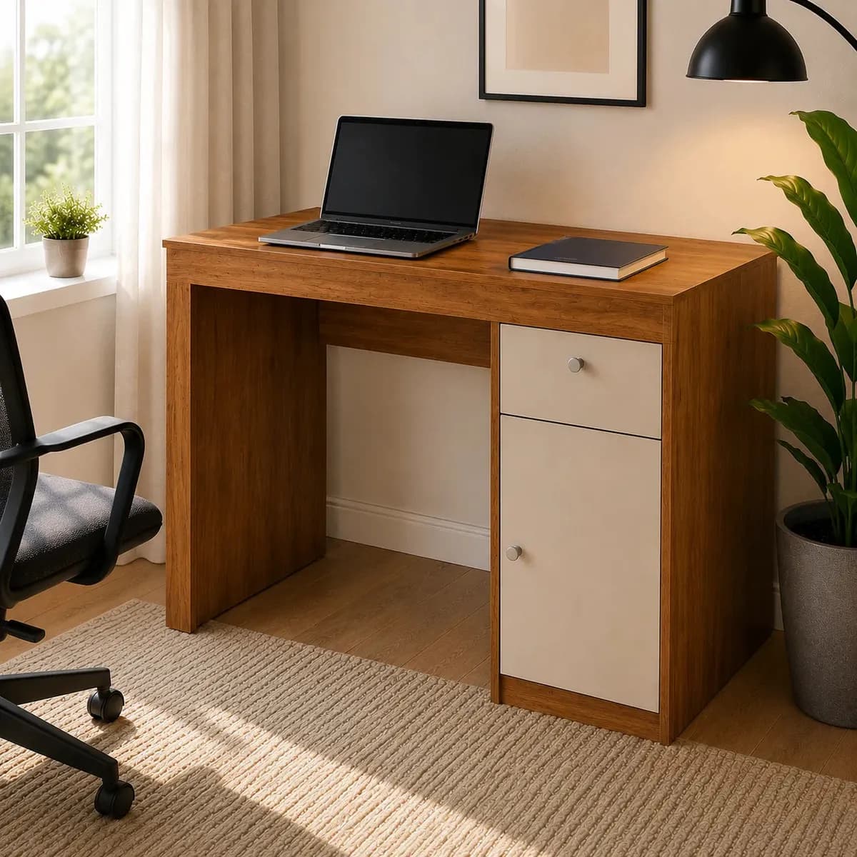 Mesa Escrivaninha Home Office Iris P/ Pc Computador Com 1 Porta E 1 Gaveta Para Escritório E Estudos Cor Branco Com Nature
