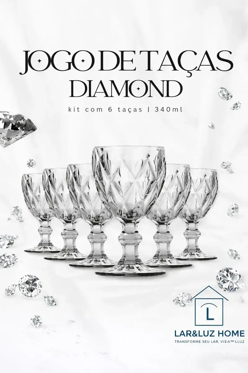 Jogo Kit 6 Taças Vidro 340ml Diamond Luxo Moderno Agua