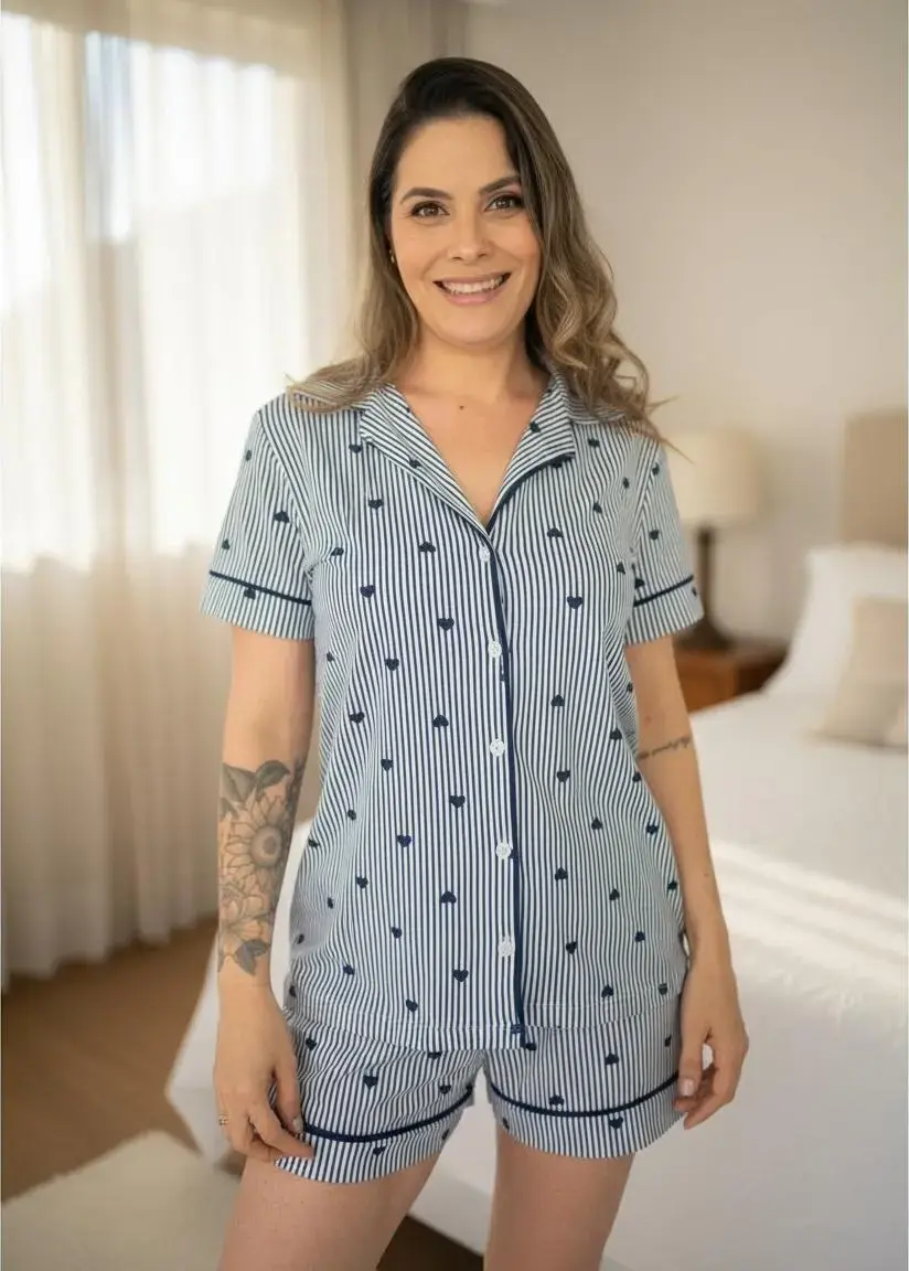 Pijama Americano Verão Algodão - Listrado Marinho Coração
