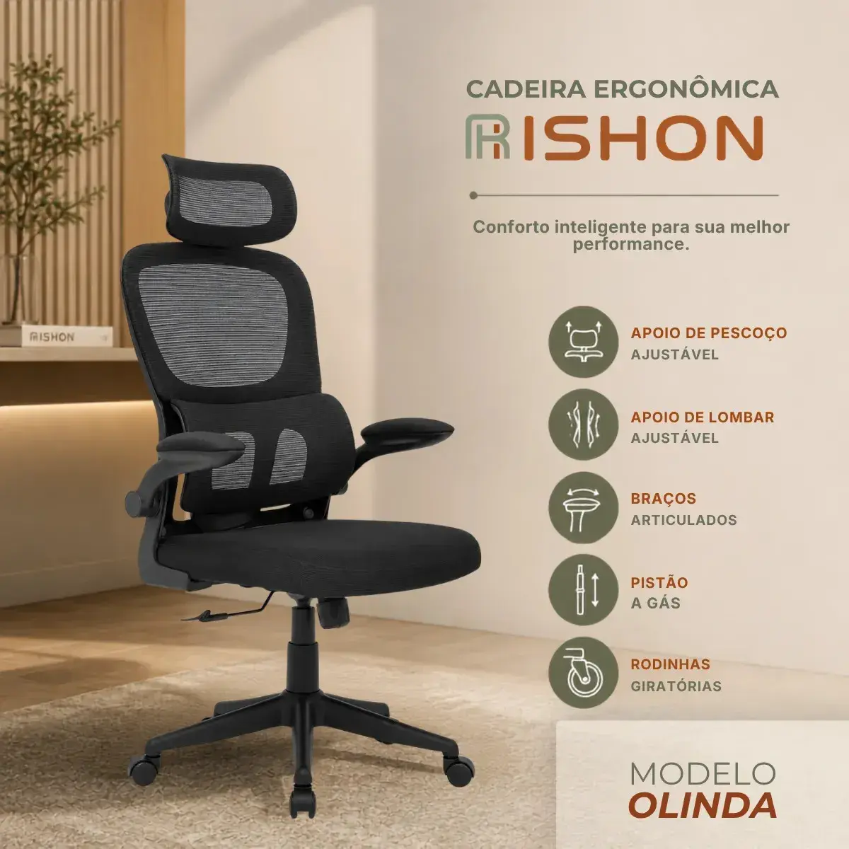 Cadeira Escritório Ergonômica Giratoria Reclinavel Olinda RSH500 Rishon Cor Preto Com Suporte Lombar Estofado Mesh