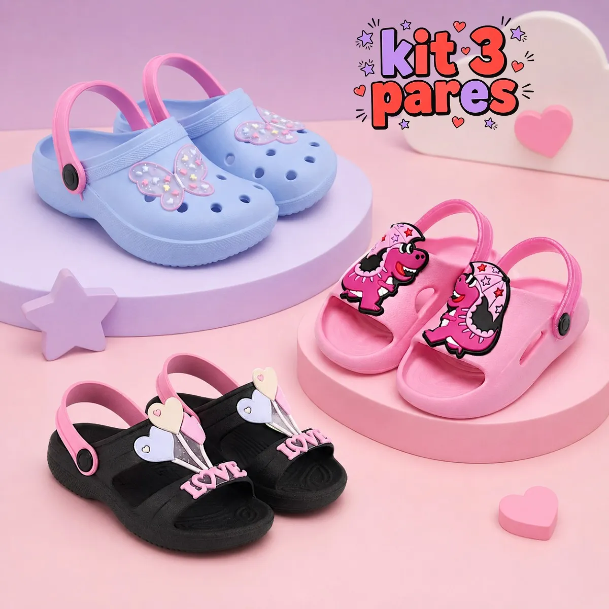 Kit 3 Pares Sandália Infantil Menina Slides Babuche Papete
