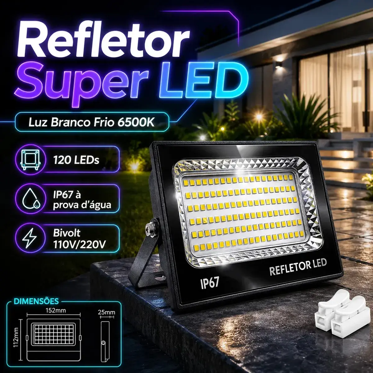 Kit 2 Refletores LED 400W Double Wise Branco Frio IP67 Áreas Externas