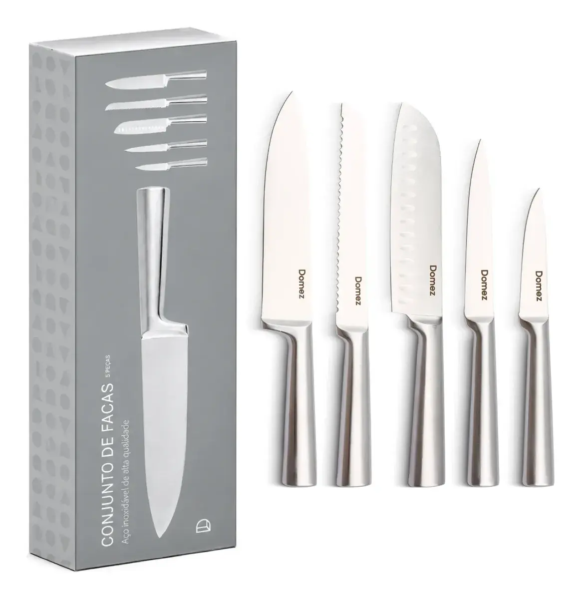 Jogo De Facas Cozinha Domez Inox 5 Peças Afiadas Premium