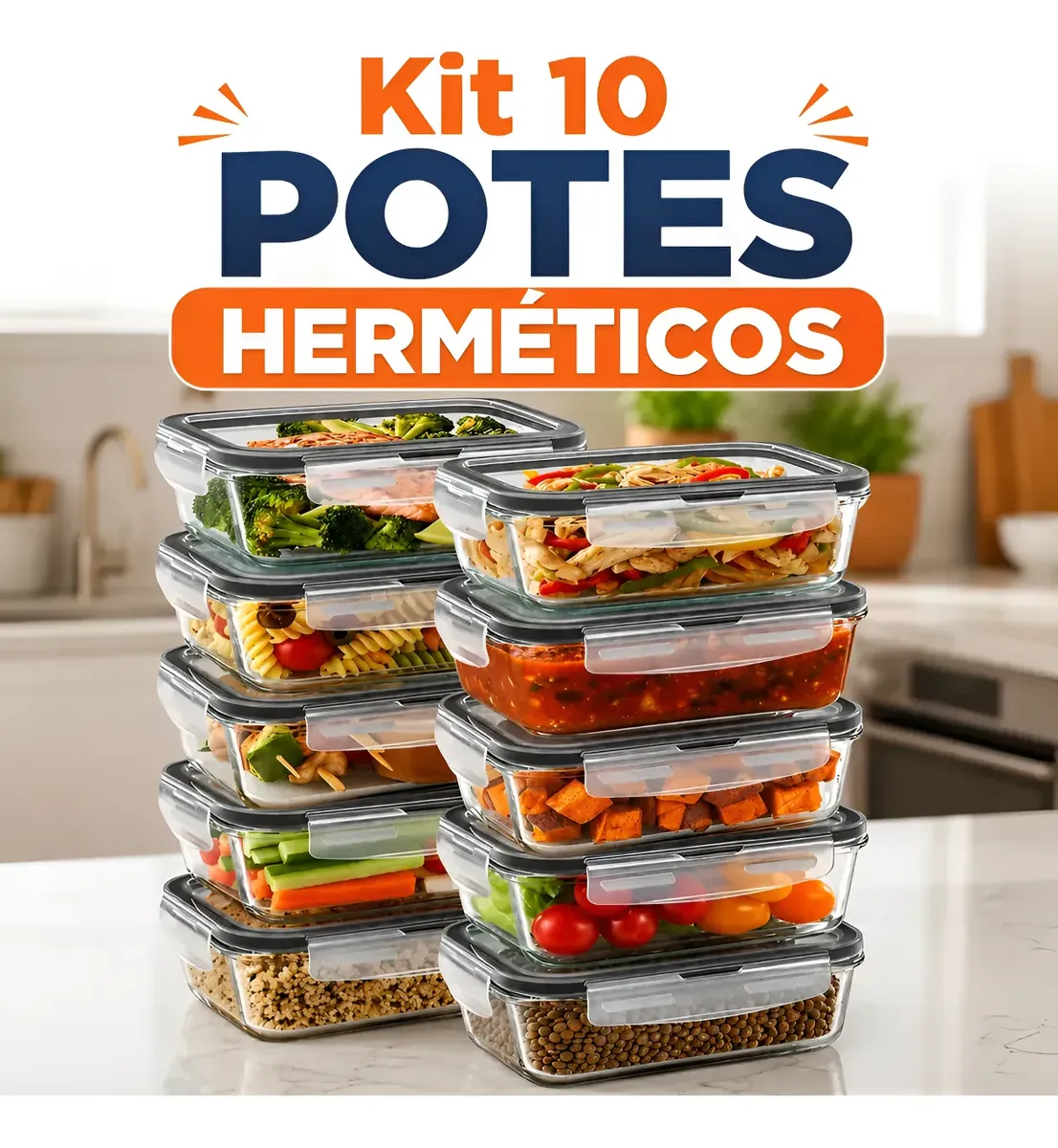 Kit 10 Potes Herméticos De Vidro 640ml Kit Marmita Fitness