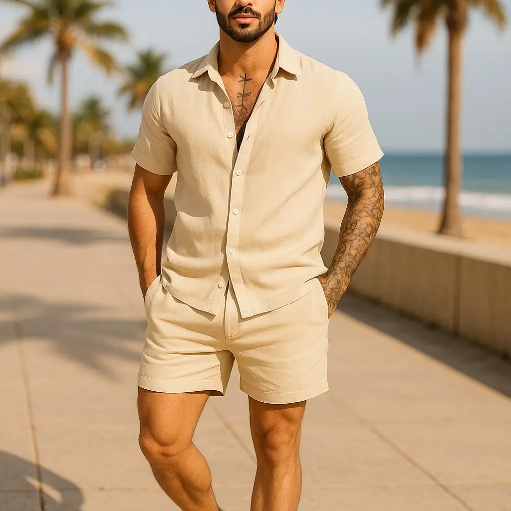 Conjunto Casual Linho Masculino Camisa Botão Bermuda Cordão