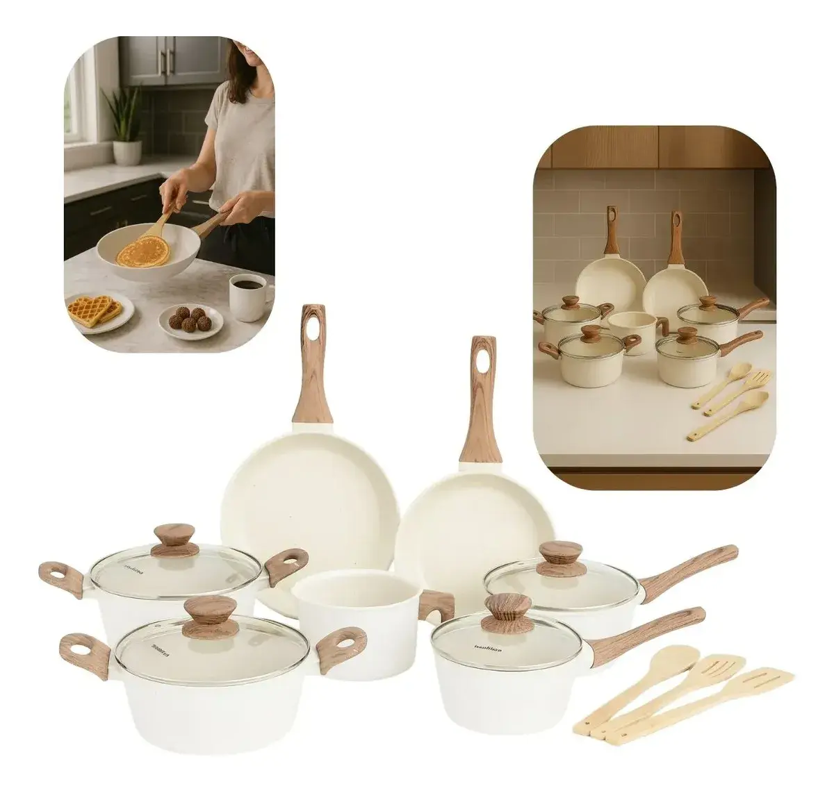 Jogo de panelas de cozinha Mimo Style Cook Fundo de Tripla Indução com 10 peças de alumínio, cerâmica, madeira marmol vanila