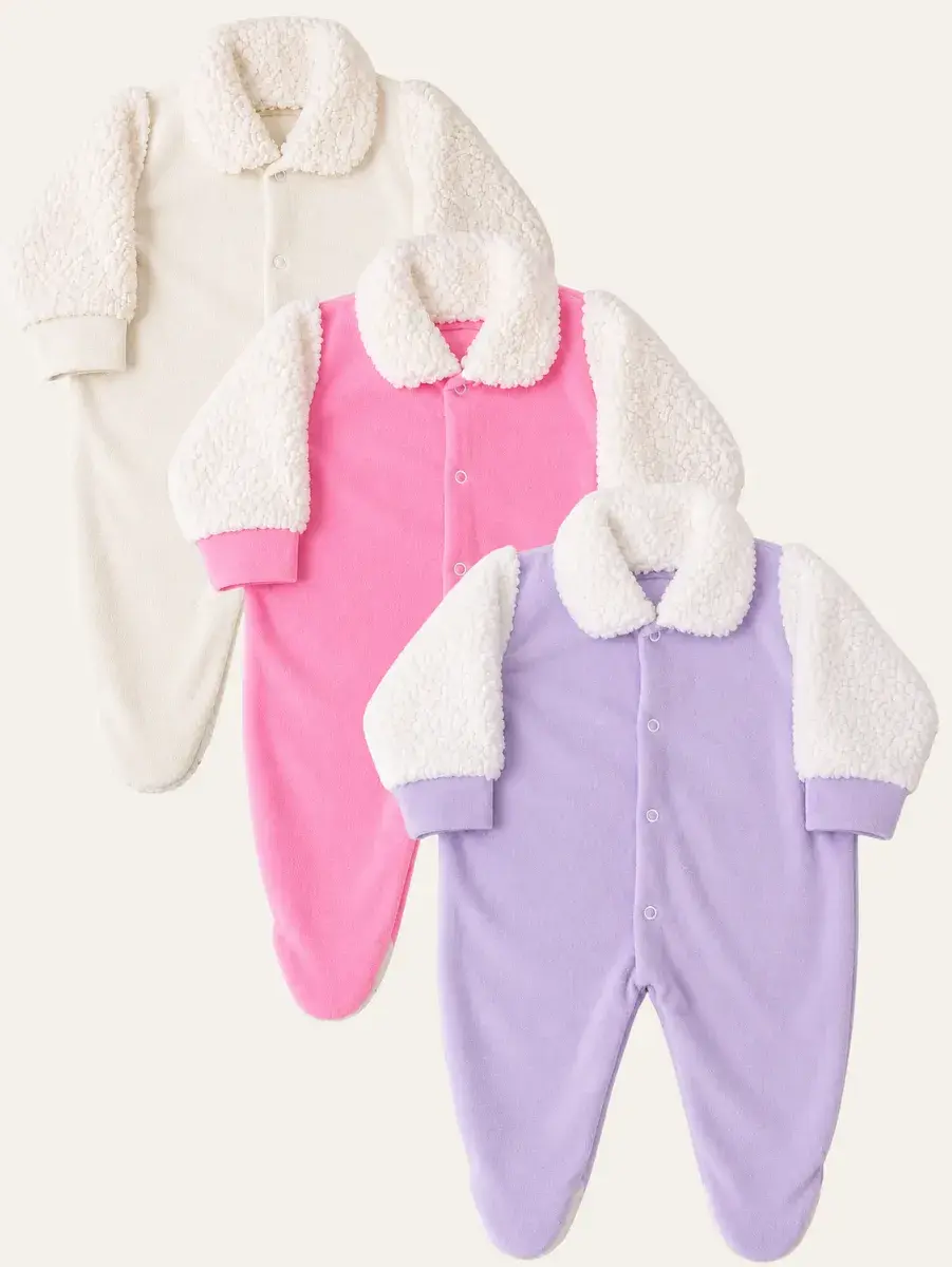 Kit 3 Macacão Bebe Plush - Manga Pele Carneiro Menina Menino