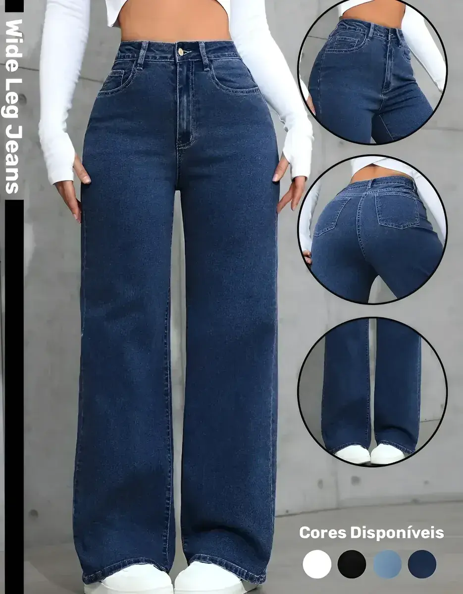 Calça Wide Leg Jeans Feminina Reta Perna Larga Empina Bumbum