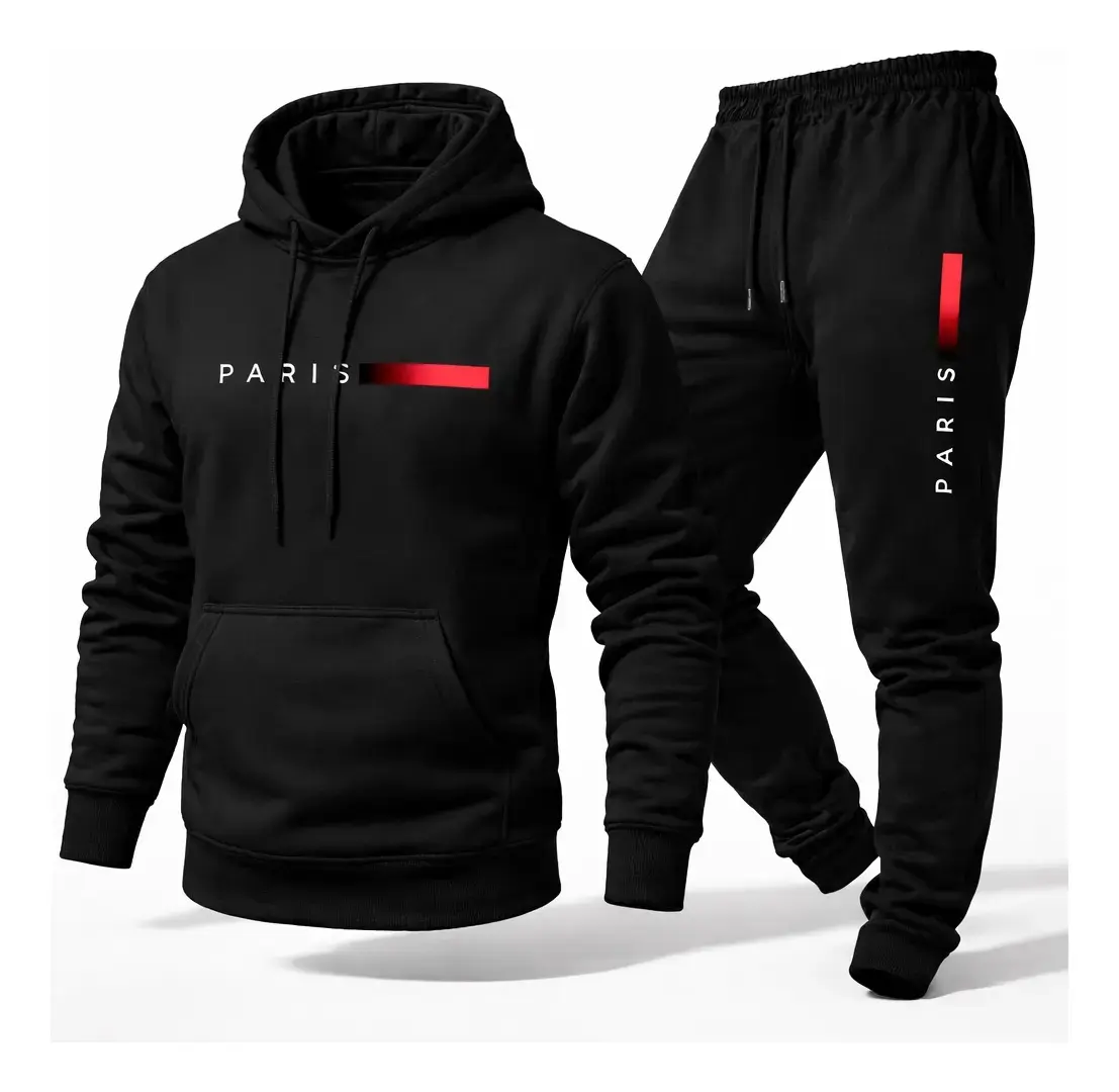 Conjunto Moletom Calça Unissex Paris Canguru Casaco Frio