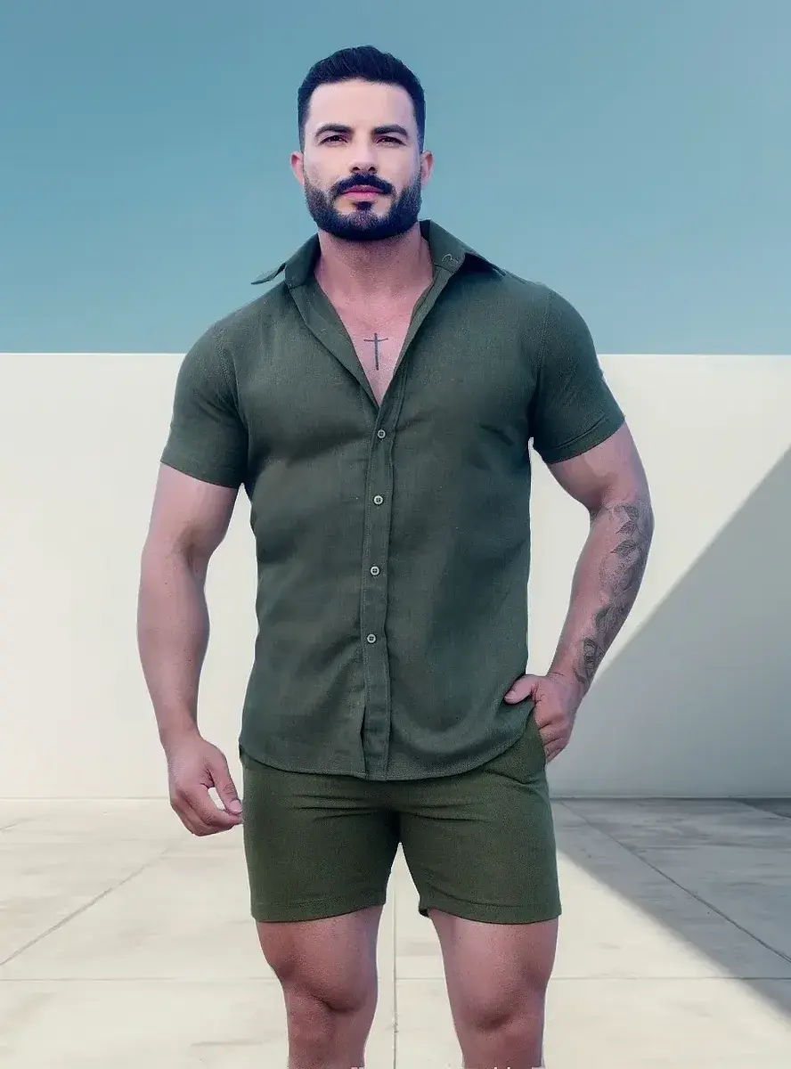 Conjunto Masculino Linho Camisa E Short Estilo Premium