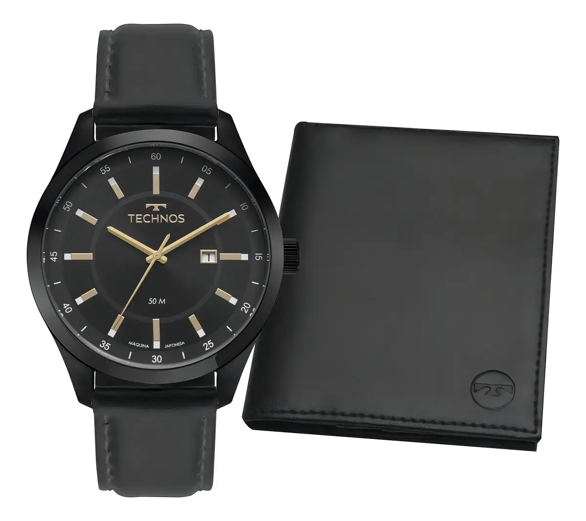 Kit Relógio Masculino Technos Preto E Carteira