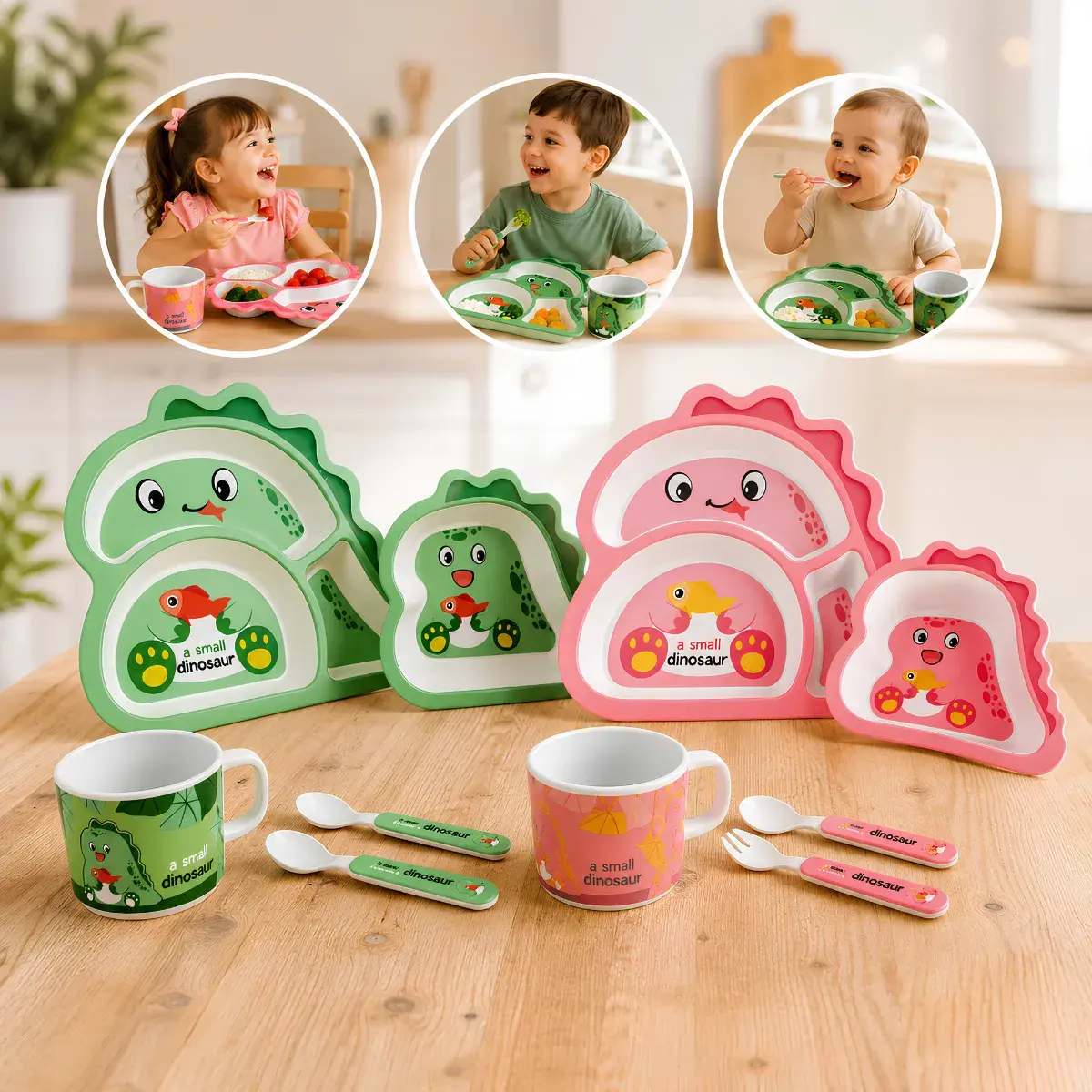 Kit Refeição Infantil Bebê Bambu 5 Peças Prato Copo Colher