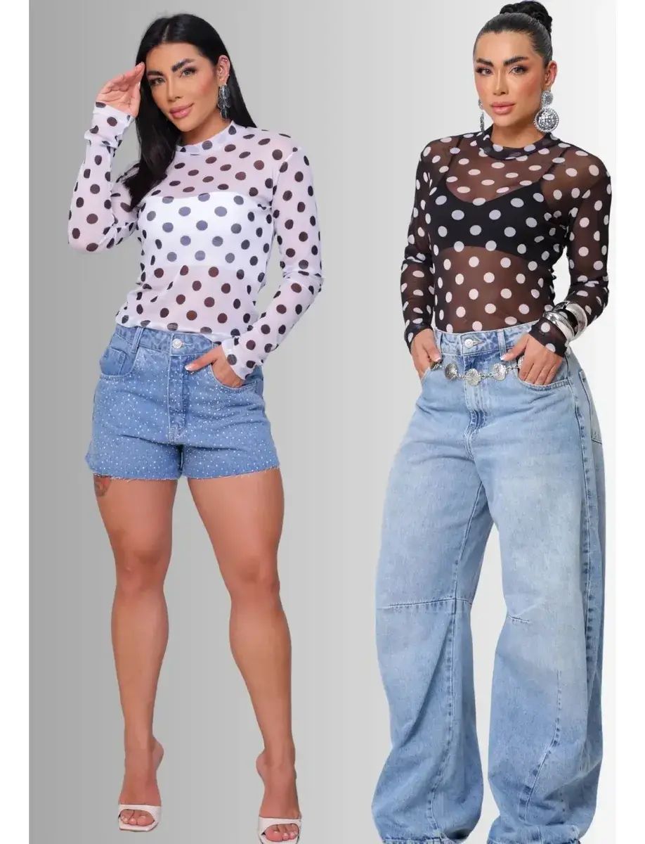 Kit 2 Blusas Tule Poá Transparente Gola Alta
