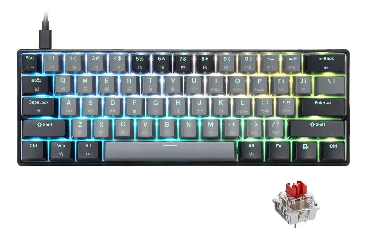 Teclado Mecânico Gamer 60% Com Hotswap Rgb E Switches Vermelhos Usb-c Layout Us