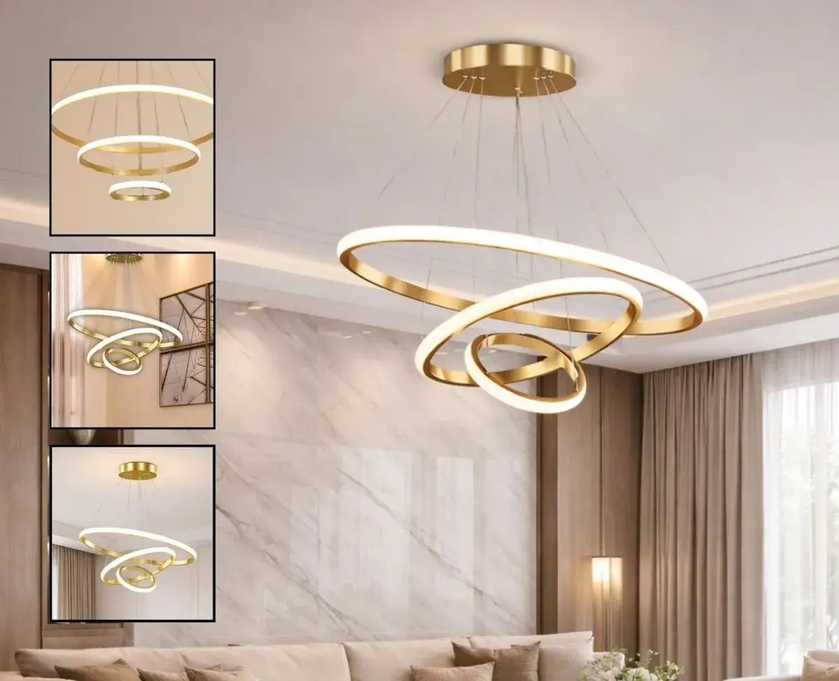 Lustre Led Moderno Com 3 Tamanhos De Anéis Dourado